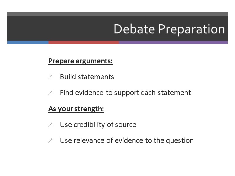 Debate Preparation Prepare arguments: Build statements Find evidence to support each statement As your